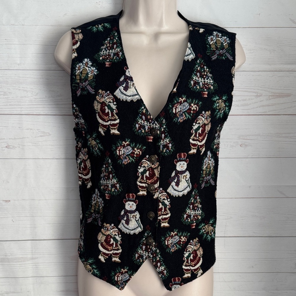 Bobbie Brooks Sz Small Vintage Festive Black Holiday Tapestry Vest Snowman Santa